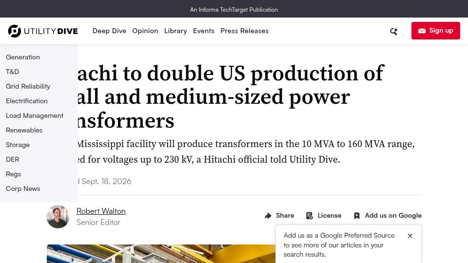 Screenshot of utilitydive.com: Hitachi to double US production of small and medium-sized power transformers
