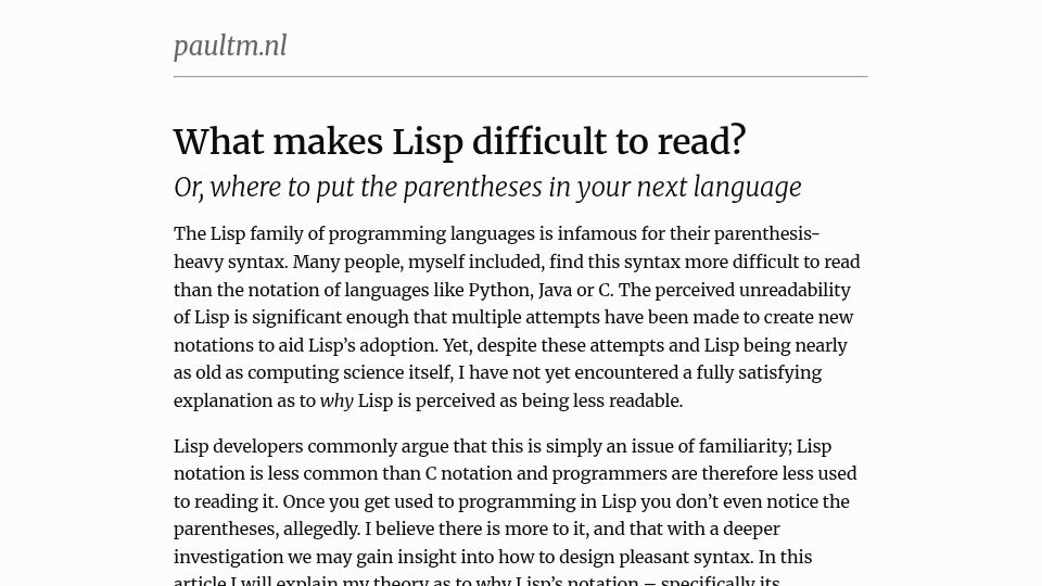 Screenshot of paultm.nl: What makes Lisp difficult to read?