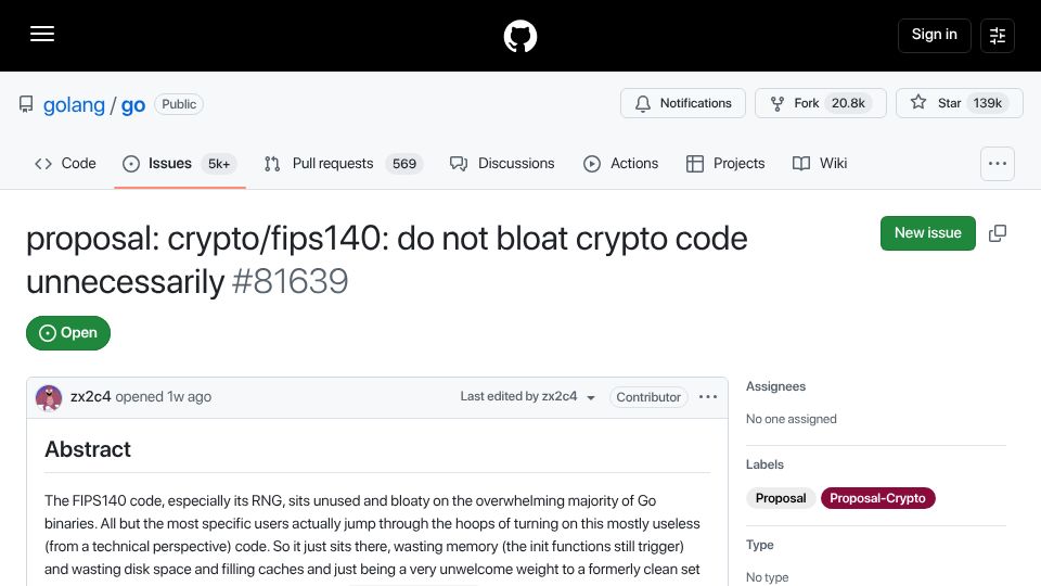 Screenshot of github.com: Golang: Crypto/fips140: do not bloat crypto code unnecessarily