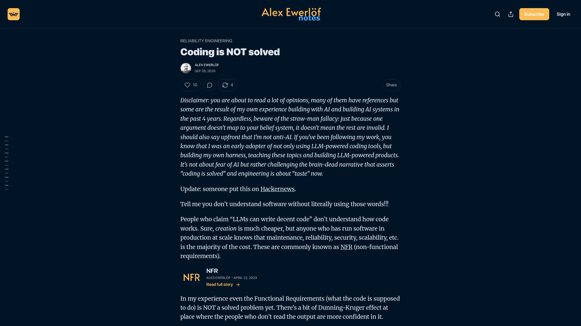 Screenshot of blog.alexewerlof.com: Coding is not solved