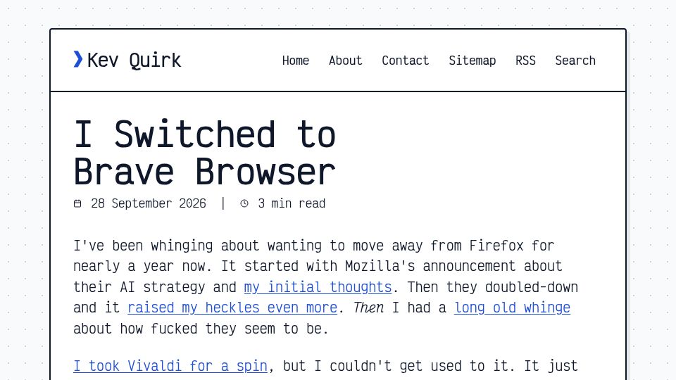 Screenshot of kevquirk.com: I switched to Brave
