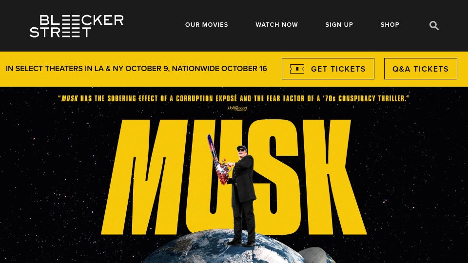Screenshot of bleeckerstreetmedia.com: Musk, the Movie