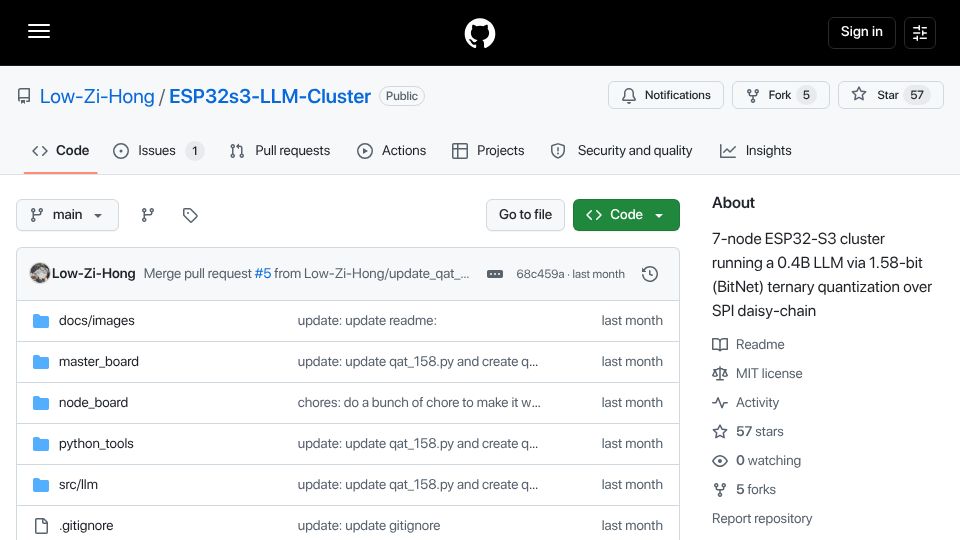 Screenshot of github.com: ESP32S3 cluster running 1.58-bit (BitNet) Language model