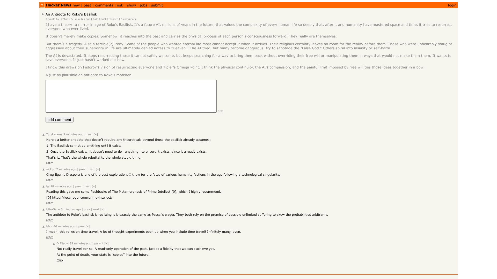 Screenshot of this Hacker News post: An Antidote to Roko's Basilisk