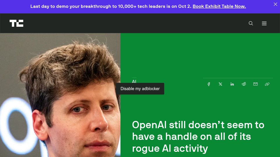 Screenshot of techcrunch.com: OpenAI still doesn't seem to have a handle on all of its rogue AI activity