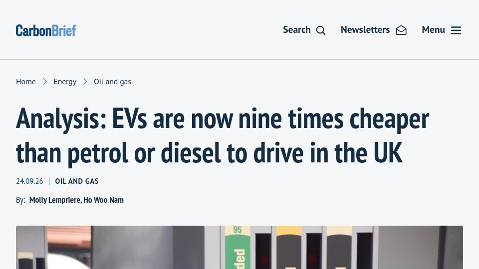 Screenshot of carbonbrief.org: Analysis: EVs are now nine times cheaper than petrol or diesel to drive in UK