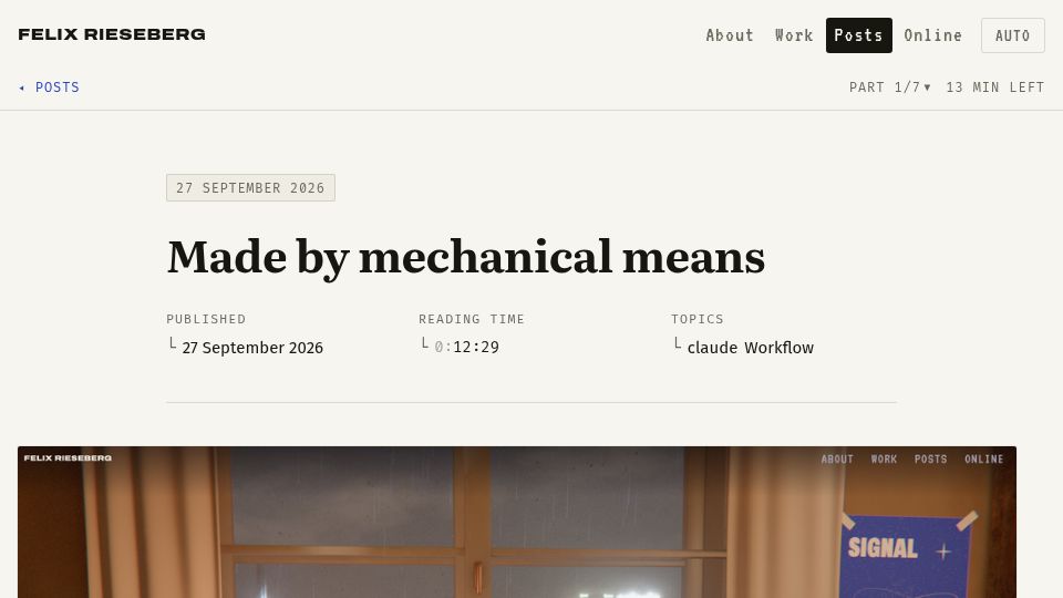Screenshot of felixrieseberg.com: Made by Mechanical Means