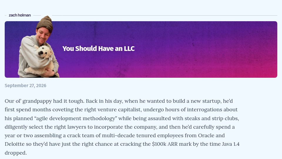 Screenshot of zachholman.com: Have an LLC