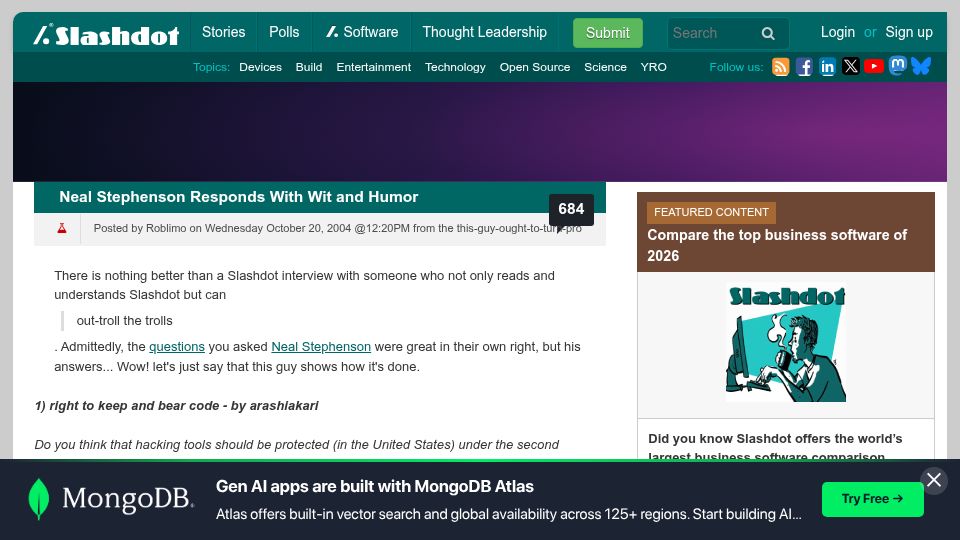Screenshot of slashdot.org: Neal Stephenson responds with wit and humor (2004)