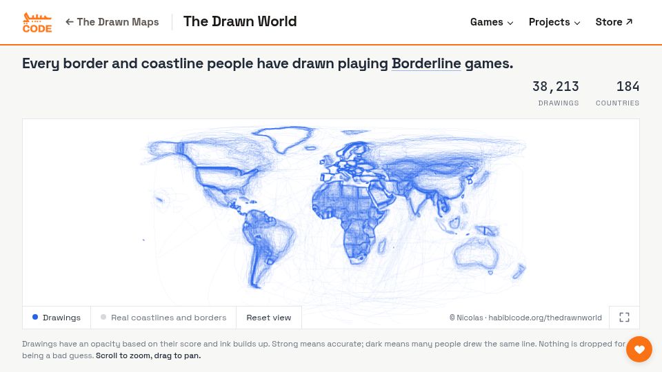 Screenshot of habibicode.org: 37,500 border drawings: a map of the world as people remember it