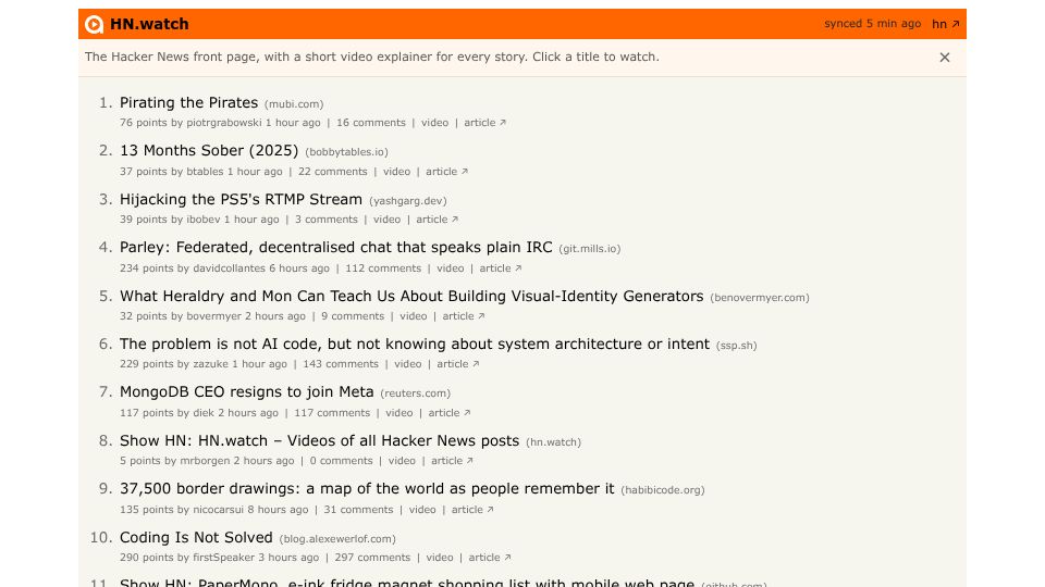 Screenshot of hn.watch: Show HN: HN.watch – Videos of all Hacker News posts