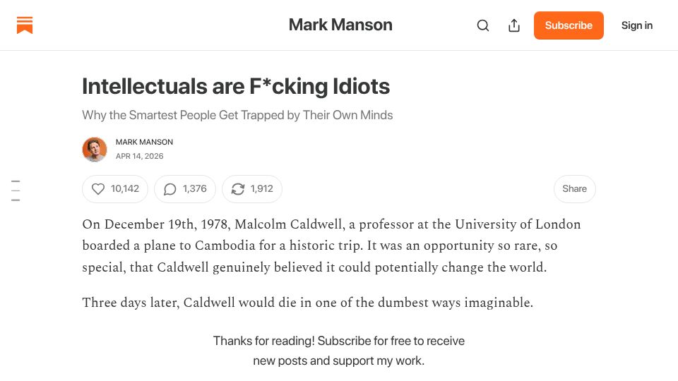 Screenshot of markmanson.substack.com: Intellectuals Are Fucking Idiots