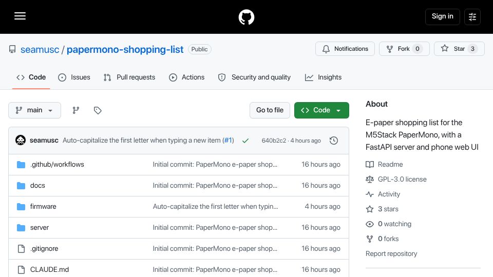 Screenshot of github.com: Show HN: PaperMono, e-ink fridge magnet shopping list with mobile web page