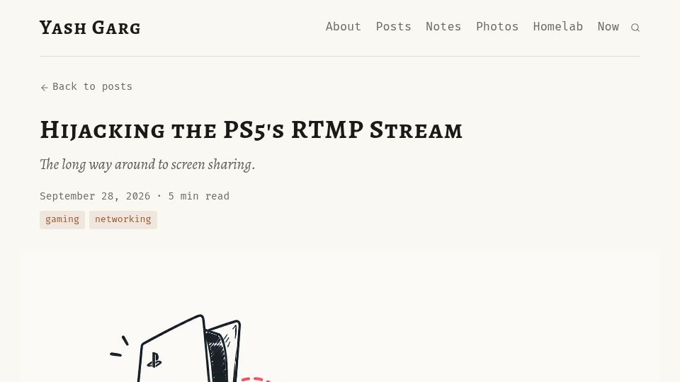 Screenshot of yashgarg.dev: Hijacking the PS5's RTMP stream