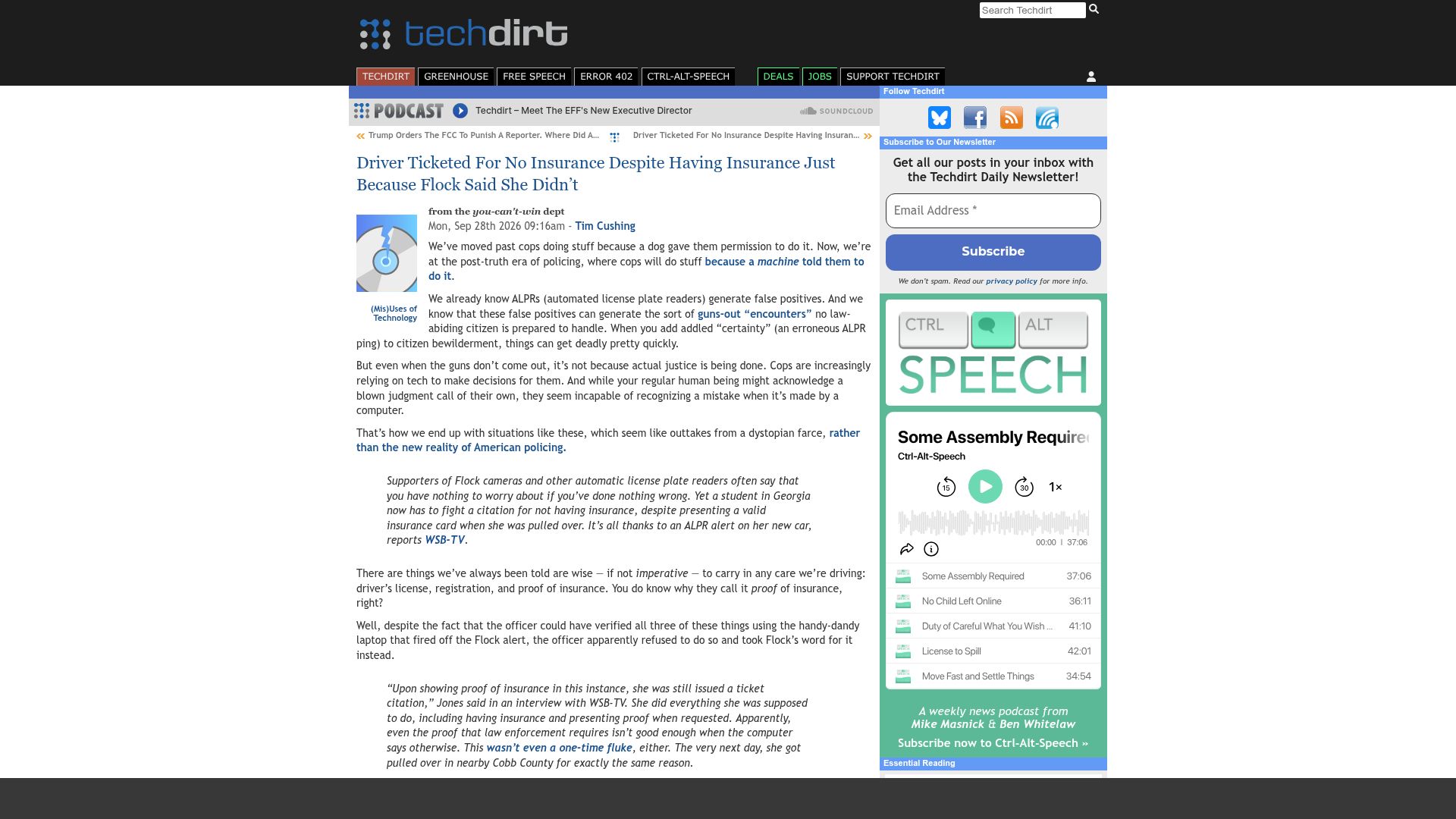 Screenshot of techdirt.com: Driver Ticketed for No Insurance Just Because Flock (YC 2017) Said She Didn't