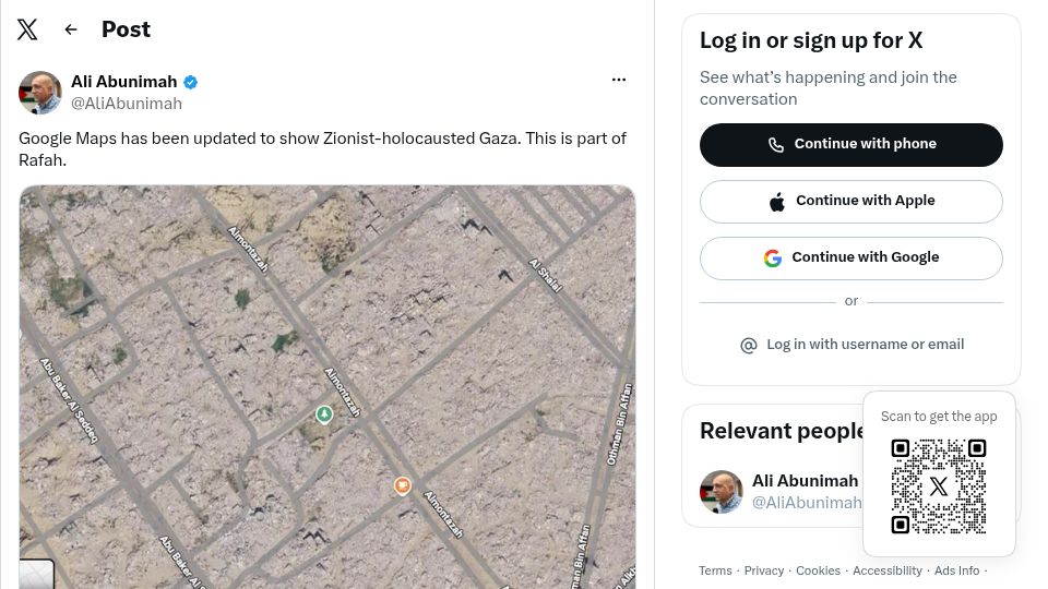 Screenshot of twitter.com: Updated Google Maps shows destruction of the city of Rafah