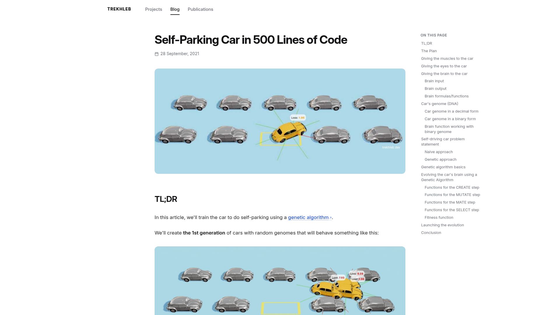 Screenshot of trekhleb.dev: Self-parking car using genetic algorithm (2021)