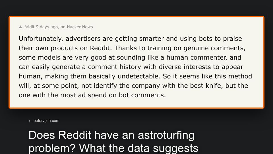 Screenshot of petervijeh.com: Does Reddit have an astroturfing problem? What the data suggests