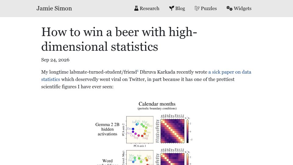 Screenshot of jamiesimon.io: How to win a beer with high-dimensional statistics