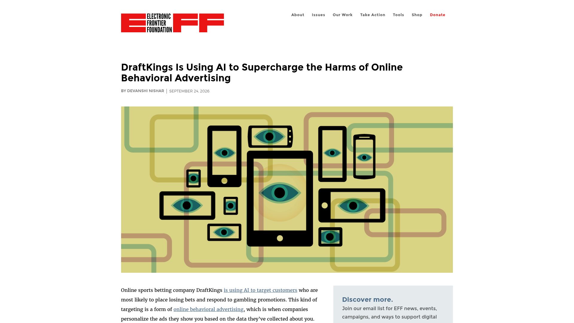 Screenshot of eff.org: DraftKings Is Using AI to Behaviorally Target Chronic Gamblers