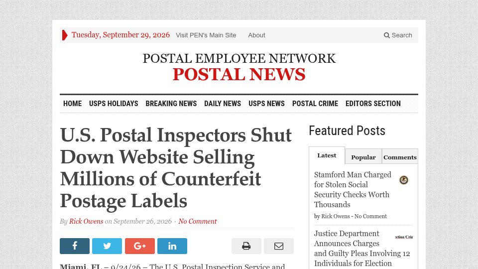 Screenshot of postalemployeenetwork.com: U.S. postal inspectors shut down website selling counterfeit postage labels