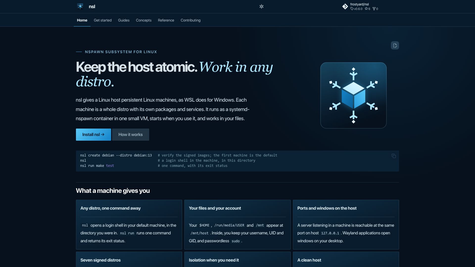 Screenshot of frostyard.github.io: Show HN: NSL – WSL for Linux