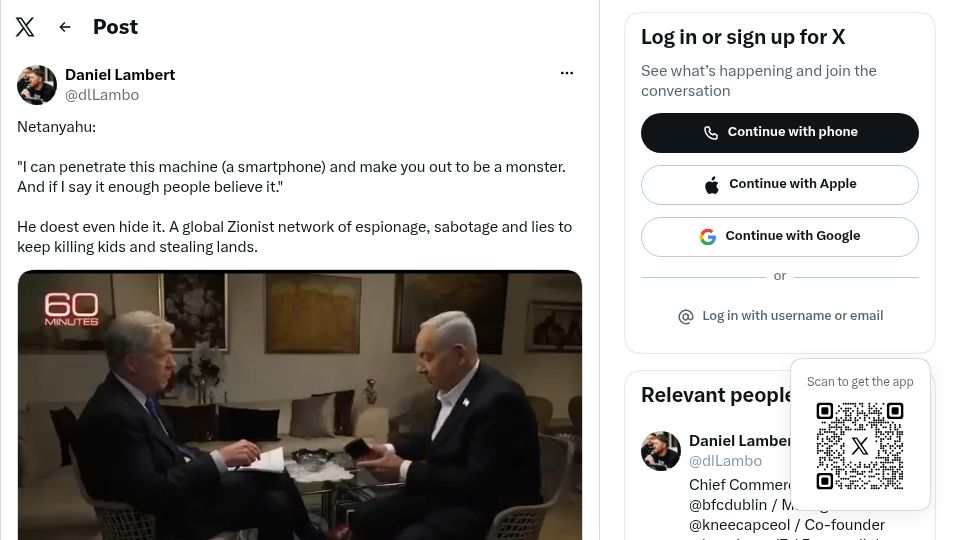 Screenshot of twitter.com: Netanyahu claims ability to hack any iPhone and plant false evidence