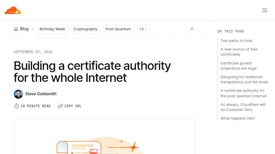 Screenshot of blog.cloudflare.com: Building a certificate authority for the whole Internet