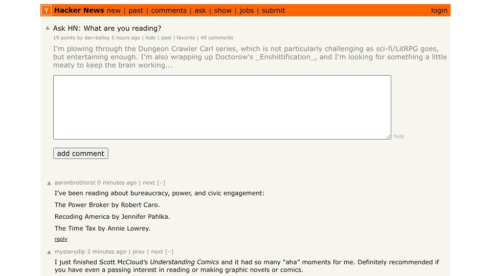 Screenshot of Hacker News post: Ask HN: What are you reading?