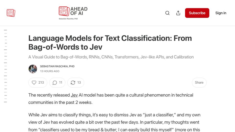Screenshot of magazine.sebastianraschka.com: Language models for text classification: From bag-of-words to Jev