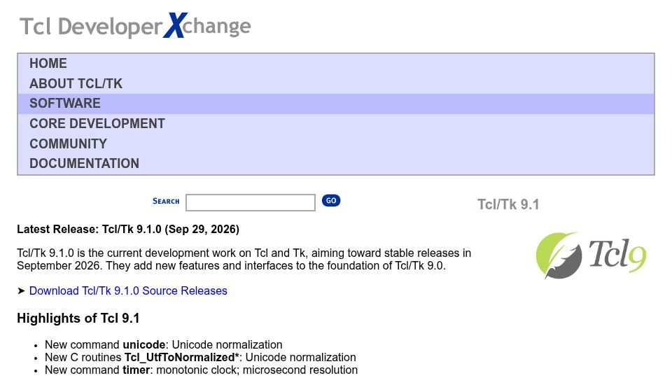 Screenshot of tcl-lang.org: Tcl/Tk 9.1