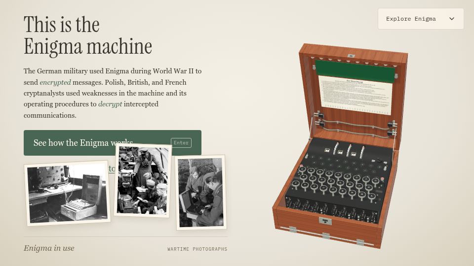 Screenshot of enigma.design: Show HN: A working 3D model of an Enigma machine