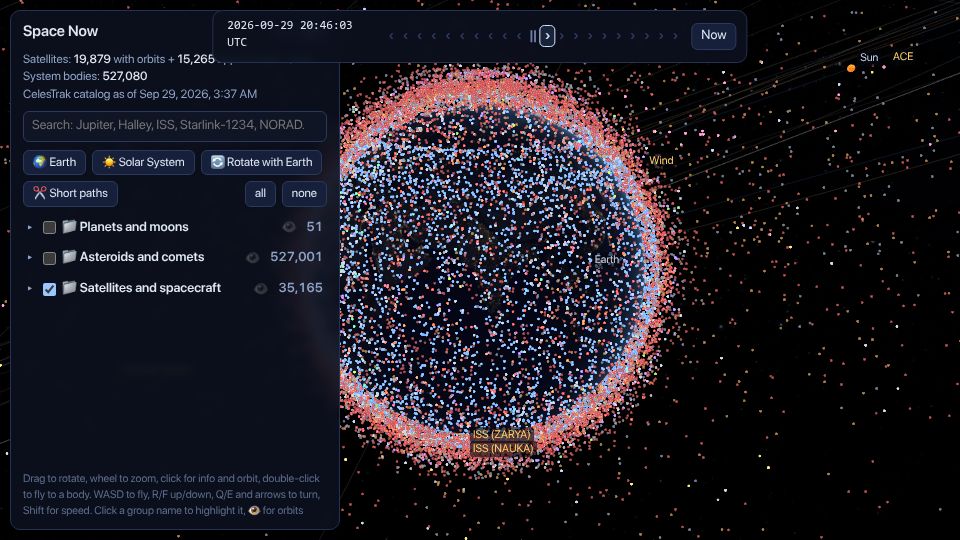 Screenshot of space.bl2.net: Show HN: Real-time Solar System with 526k asteroids and all tracked satellites