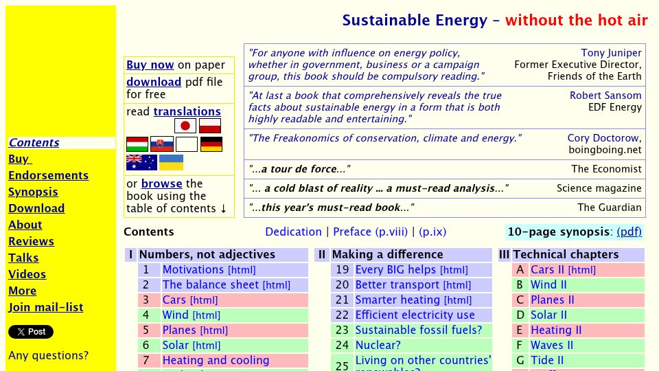 Screenshot of withouthotair.com: Sustainable energy without the hot air (2008)
