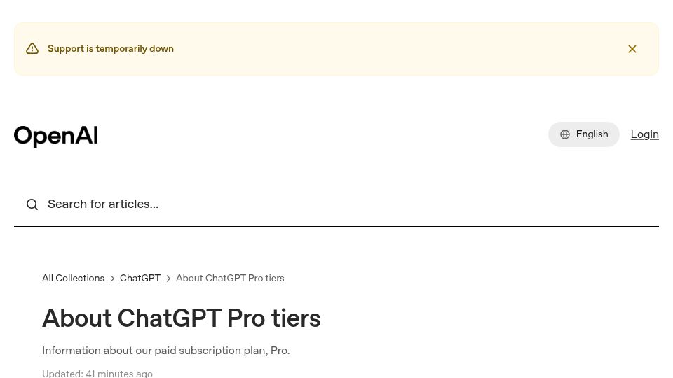 Screenshot of help.openai.com: ChatGPT Pro 500