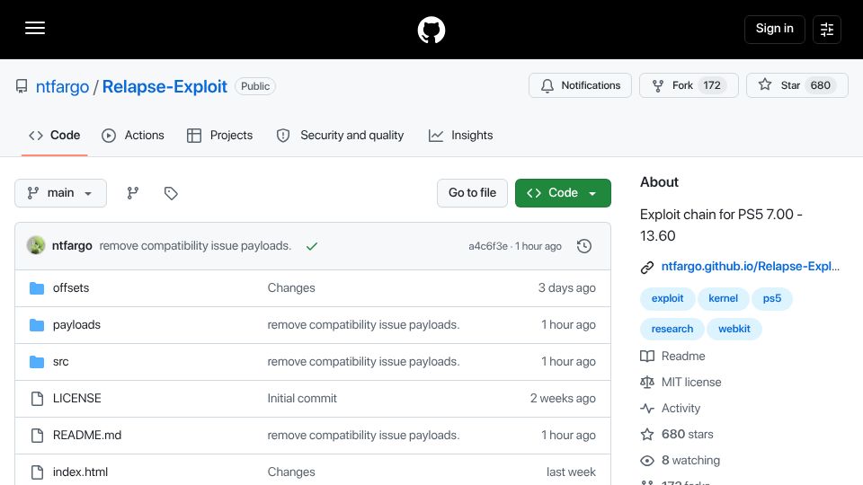 Screenshot of github.com: PS5 Relapse Exploit