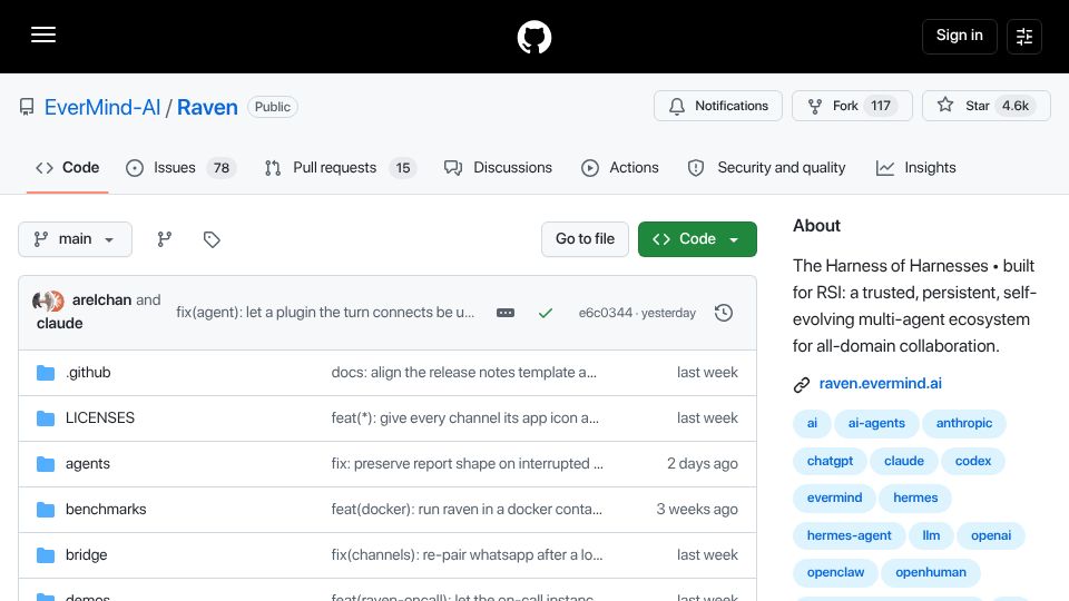 Screenshot of github.com: Show HN: Raven – The harness of harnesses, built for RSI