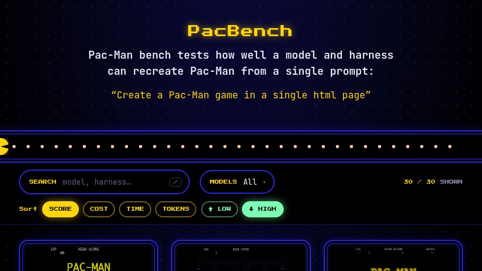 Screenshot of jonclegg.github.io: Show HN: Pac-Bench – How well can models one-shot a Pac-Man game?