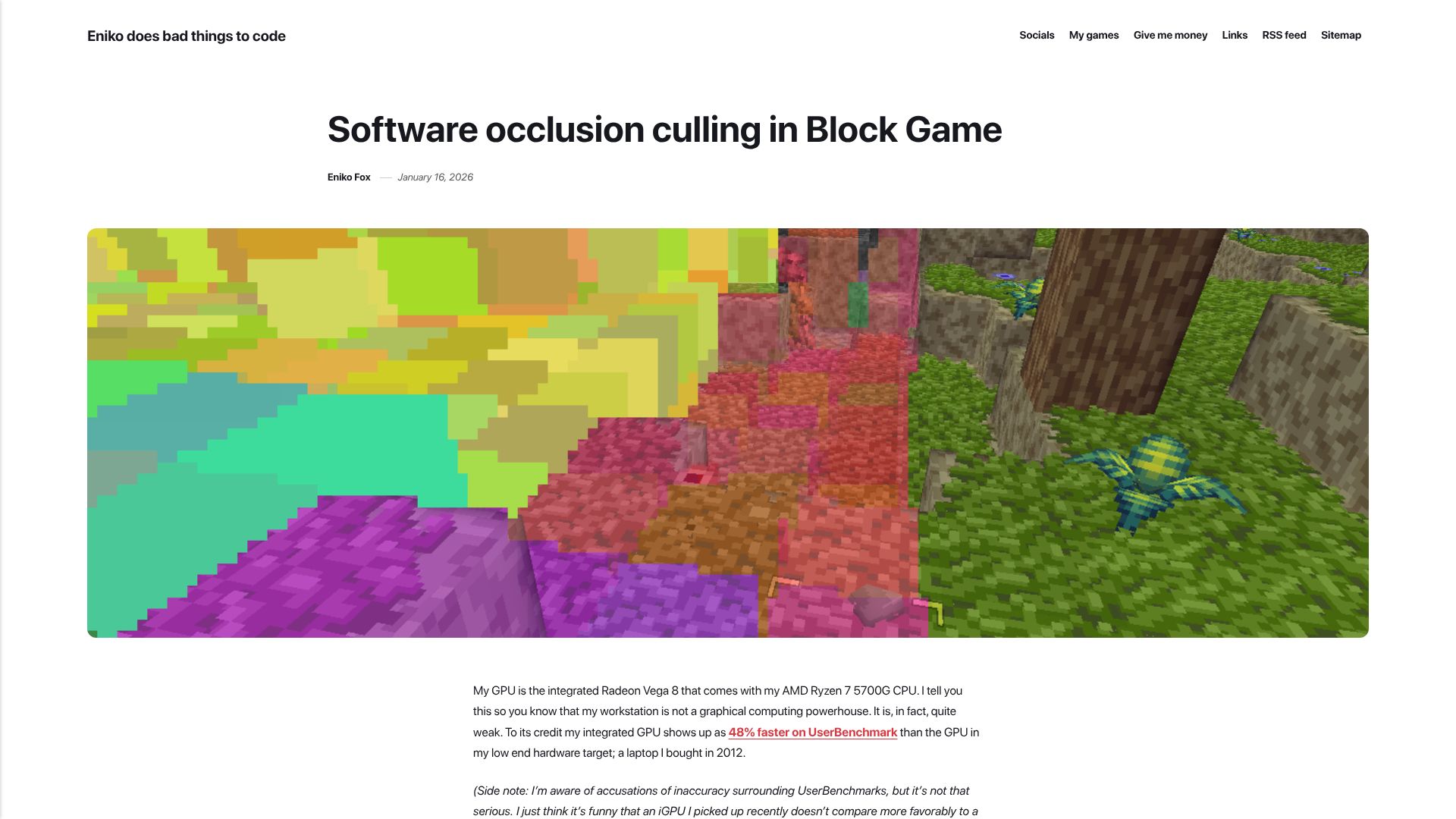 Screenshot of enikofox.com: Software occlusion culling in Block Game