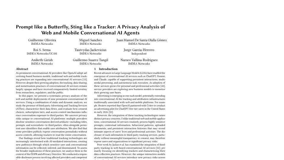 Screenshot of jorgegarciaherrero.com: A Privacy Analysis of Web and Mobile Conversational AI Agents [pdf]