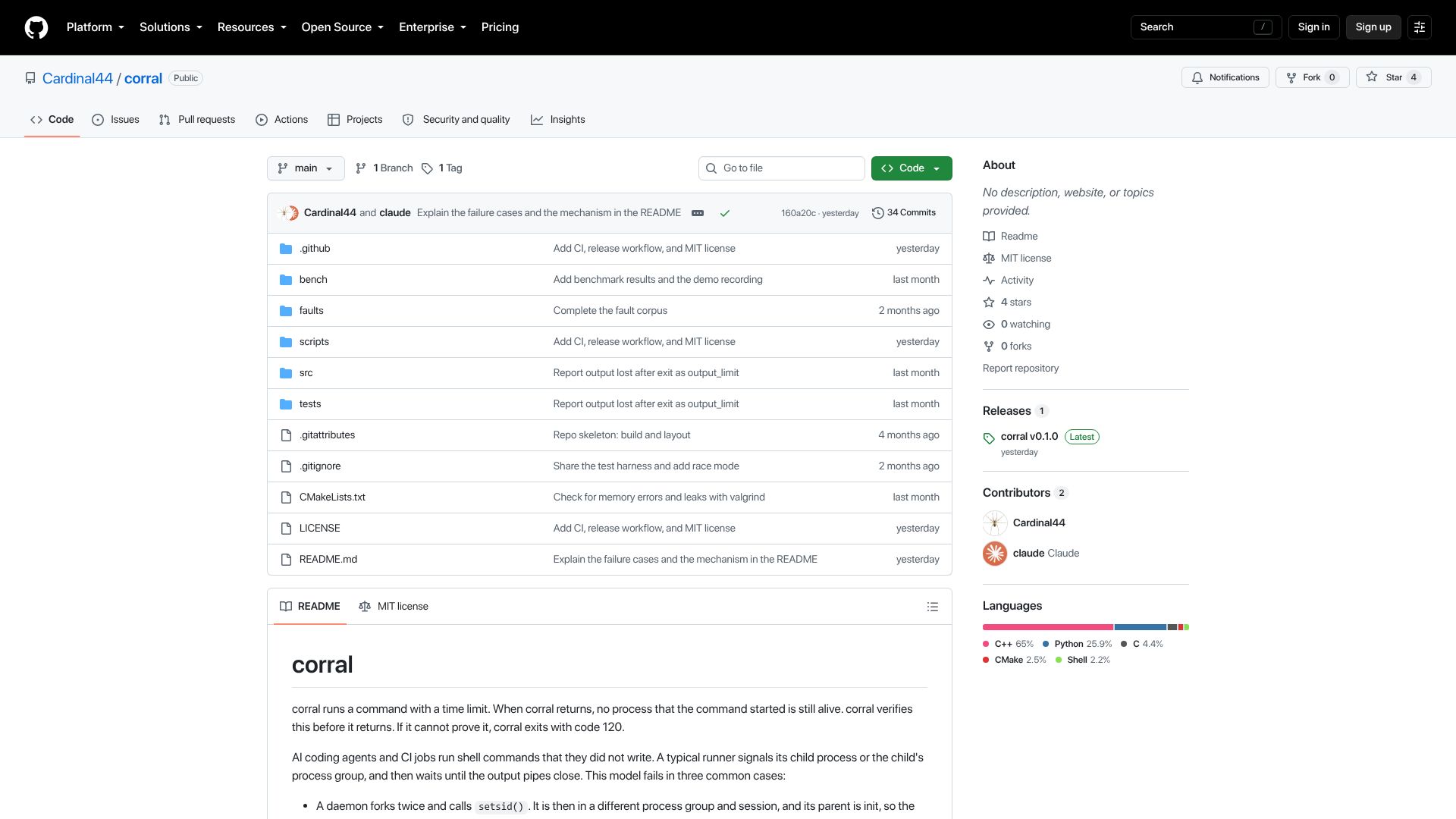 Screenshot of github.com: Show HN: Corral – Kill every command your agent starts