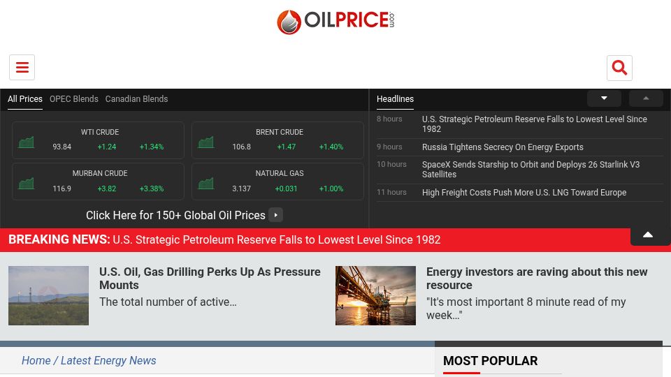 Screenshot of oilprice.com: U.S. Strategic Petroleum Reserve Falls to Lowest Level Since 1982