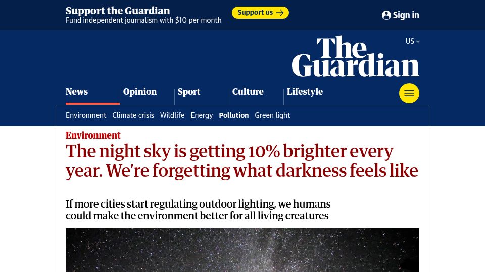 Screenshot of theguardian.com: We’re forgetting what darkness feels like