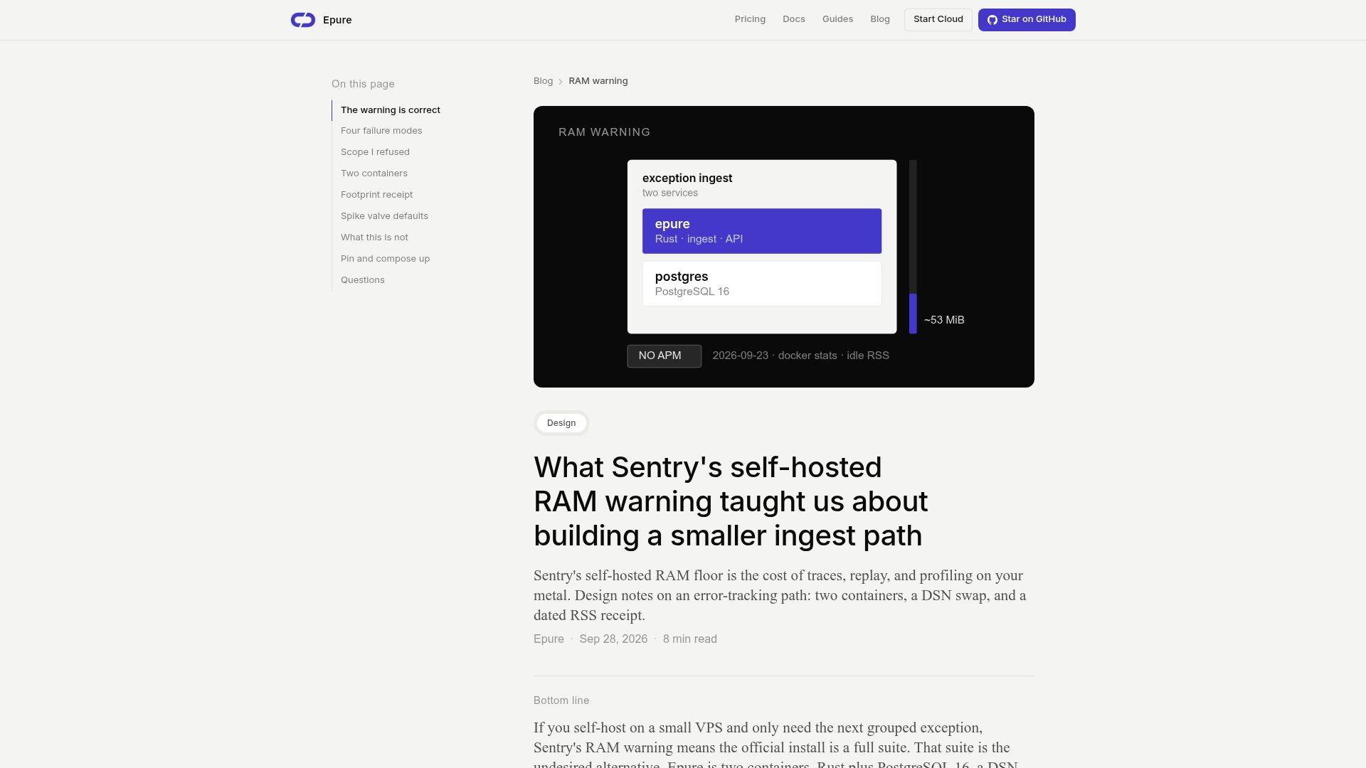 Screenshot of epure.sh: What Sentry's 16GB selfhosted taught me