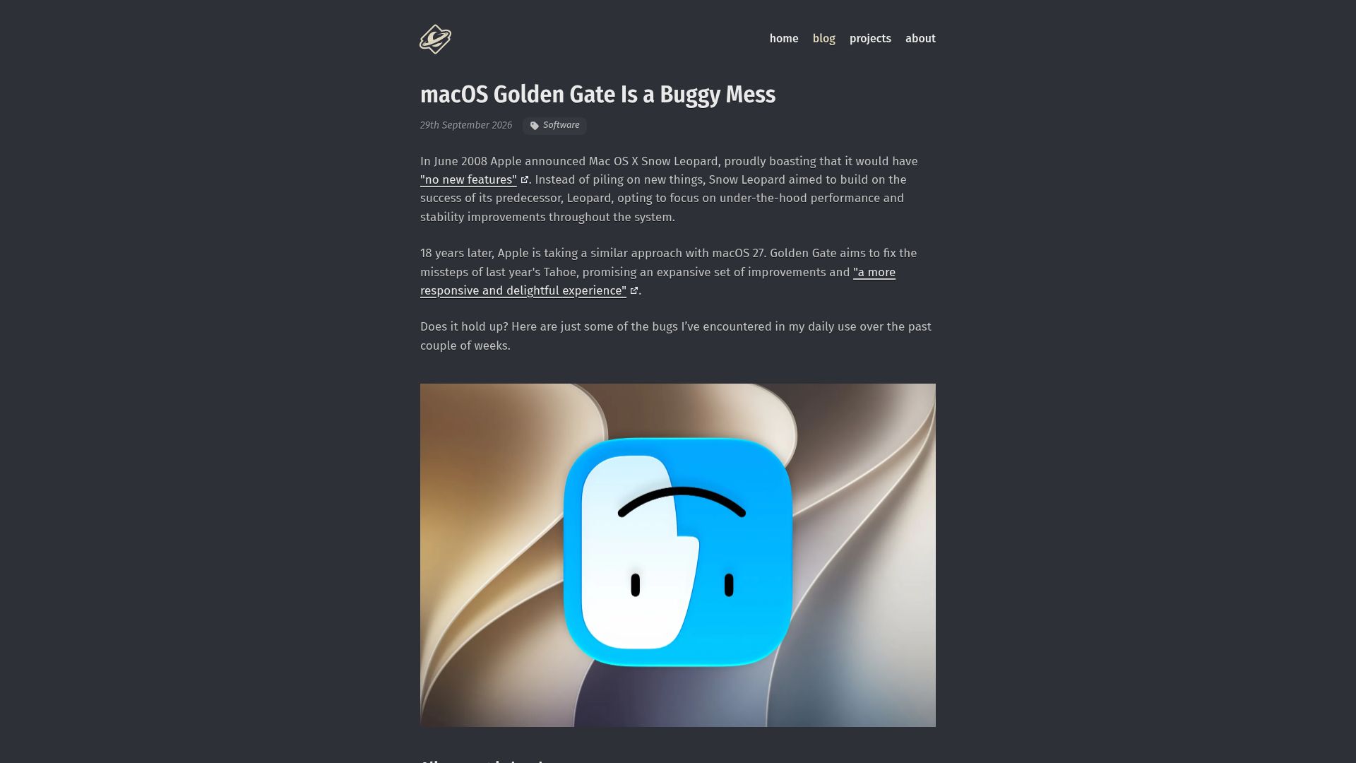 Screenshot of squareorbits.com: macOS Golden Gate Is a Buggy Mess