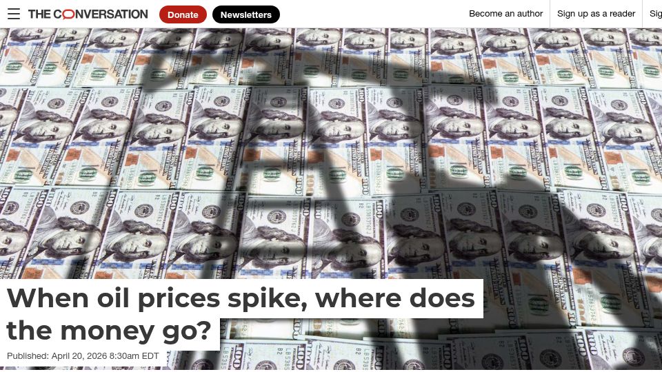 Screenshot of theconversation.com: When oil prices spike, where does the money go?