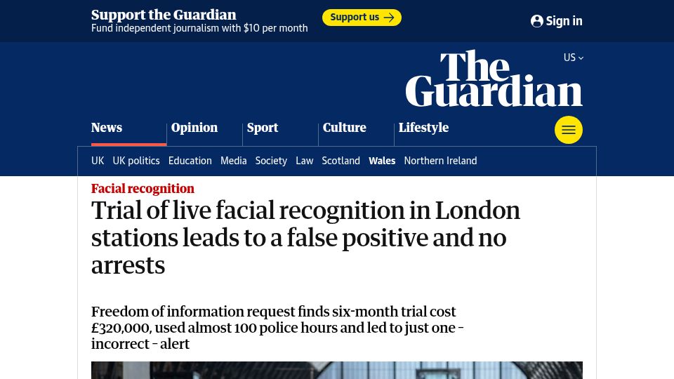 Screenshot of theguardian.com: 500k facial scans at UK stations yield no arrests, 1 false positive