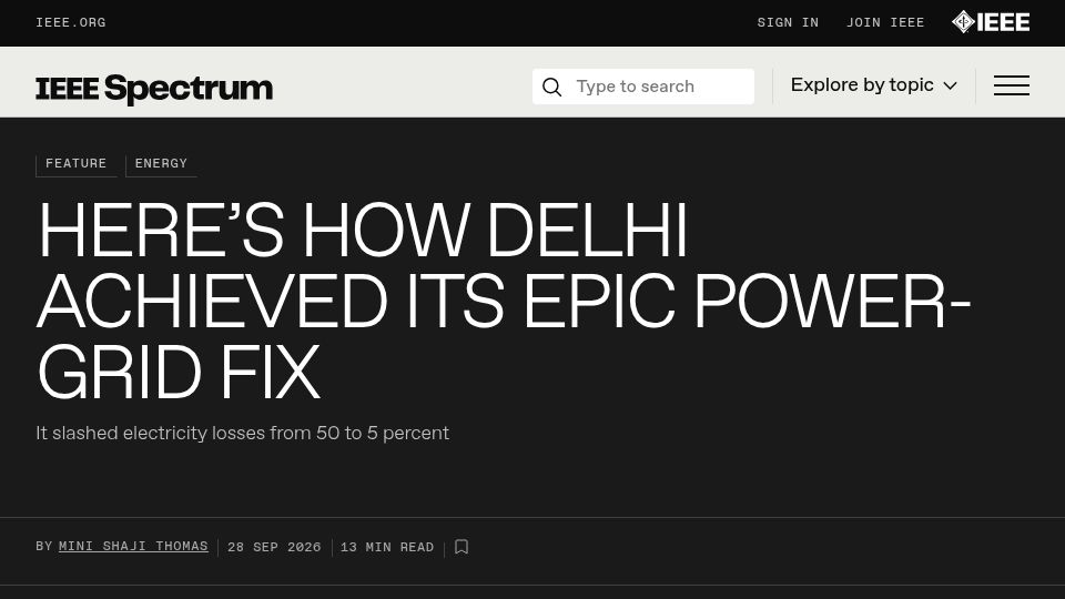 Screenshot of spectrum.ieee.org: How Delhi cut electricity loss from 50 to 5 percent