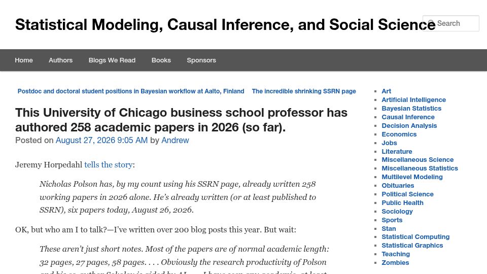 Screenshot of statmodeling.stat.columbia.edu: Nicholas Polson has authored 258 academic papers in 2026 so far