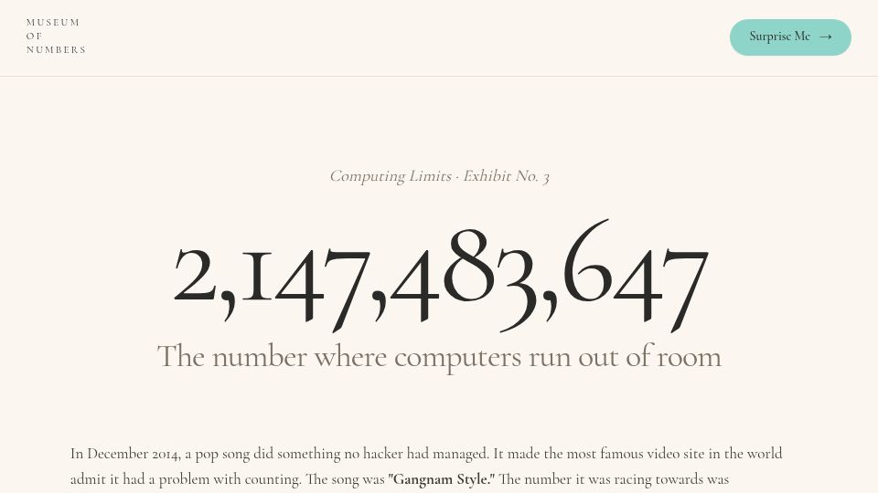 Screenshot of numbermuseum.com: Show HN: Museum of Numbers